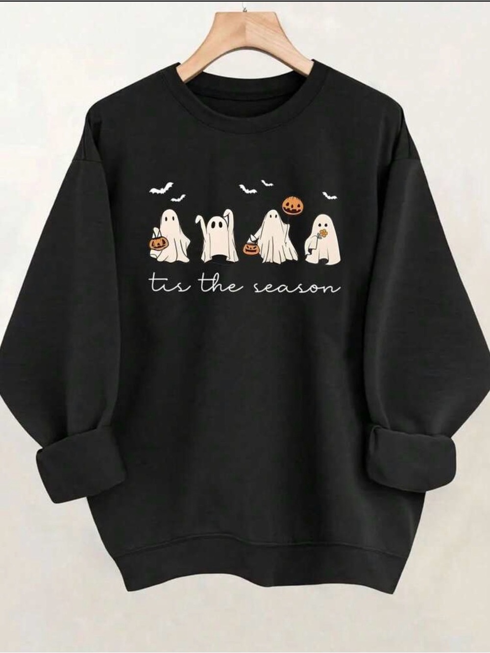 Women's Black Halloween 'Tis the Season Graphic Sweatshirt Fall Ghost Pullover
